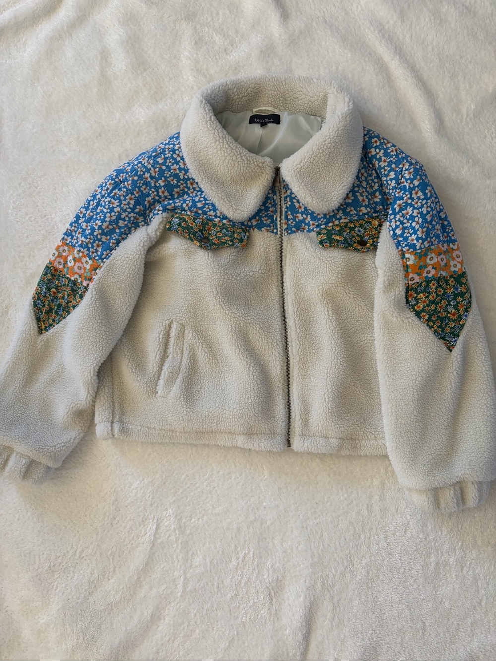 Lea & Viola Cream Teddy Jacket with Blue Floral Accents